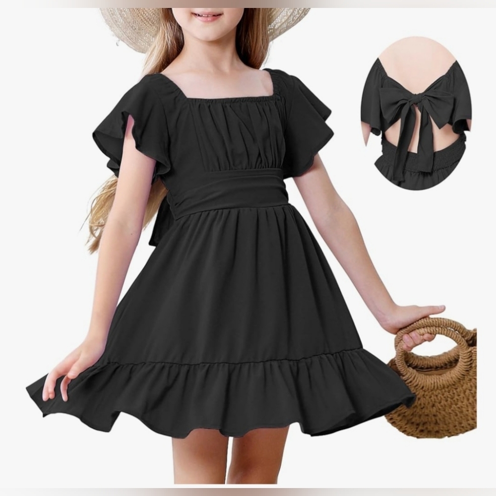 Black Tie Back, Ruffle Short Sleeve Square Neck Off Shoulder 6-7‎